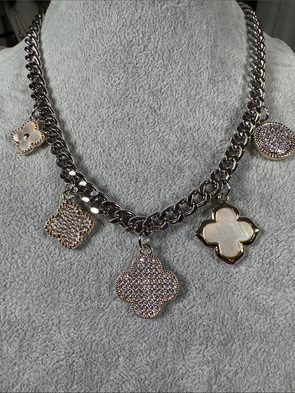 Silver Tone Charm Necklace with Crystal Pave’ and Mother-of-Pearl Accents - Picture 2 of 4